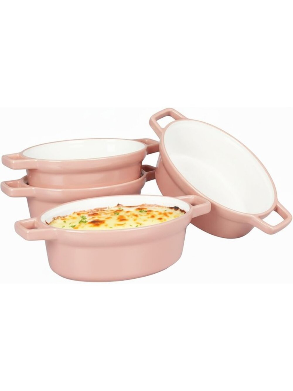 Set of 4 Mini Oval Au Gratin Dishes, 15 OZ Ceramic Bakeware, Oven Safe, Pink